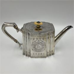 Victorian three-piece silver tea service, comprising teapot, twin handled open sucrier and milk jug, of oval form with shaped rim and C handles, each engraved with crests and bands of strapwork decoration, the milk jug and sucrier with gilt interiors, hallmarked Josiah Williams & Co, Exeter 1881, the teapot with ivory insulators and finial, all contained with a tooled leather, blue silk and velvet lined fitted case, retailed by West & Sun, Dublin 
This item has been registered for sale under Section 10 of the APHA Ivory Act
