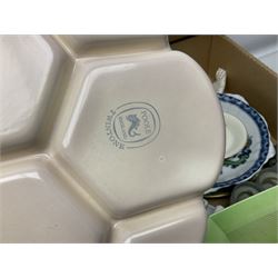 Collection of ceramics to include Bretby jardinière, Royal Worcester, Palissy, Royal Doulton Dickens Ware, Carlton ware, 19th century small dish painted with roses and foliate decoration, lustre, Poole etc in two boxes