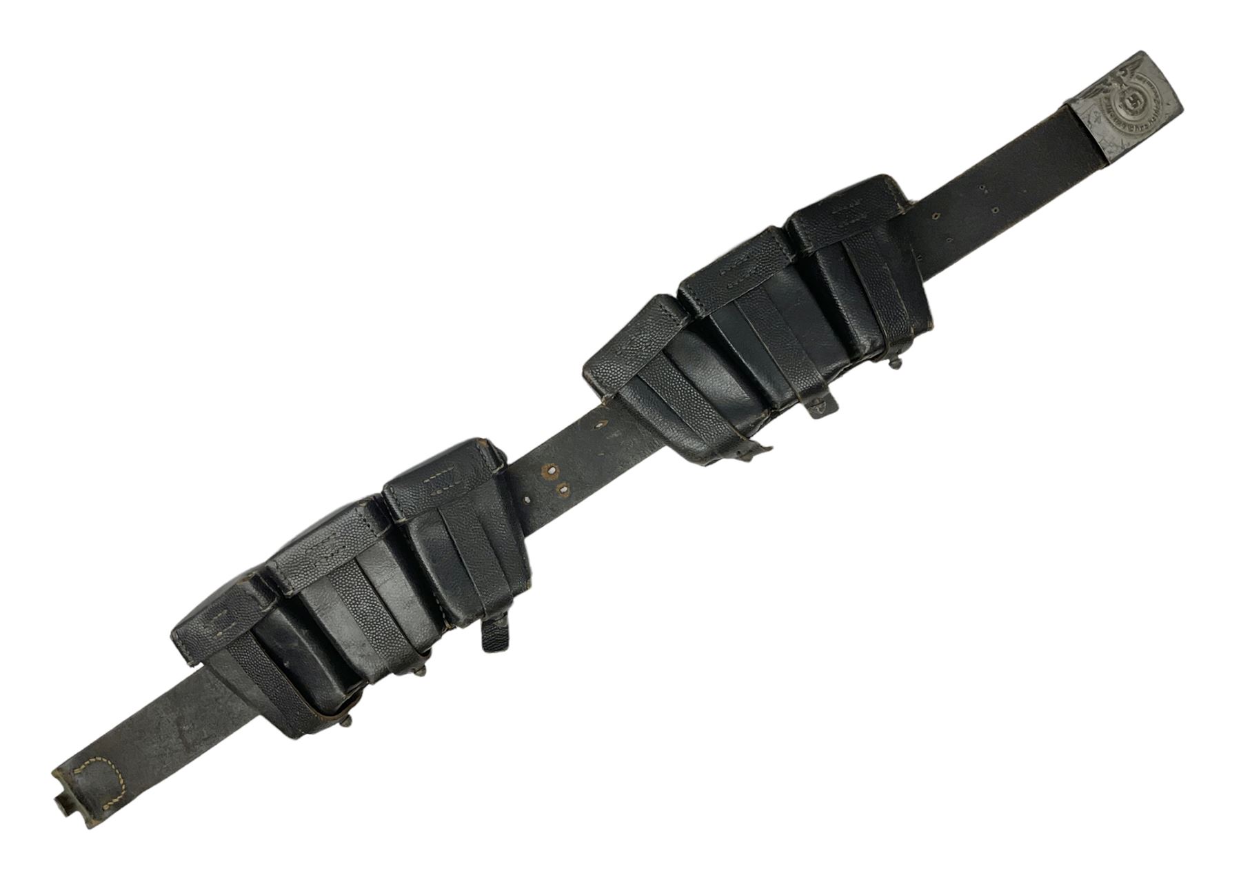 WW2 German 'SS' leather belt with six pouches (one containing unused field bandage) and buckle inscribed 'Meine Ehre Heifst Treue'; belt marked 0/0836 0029