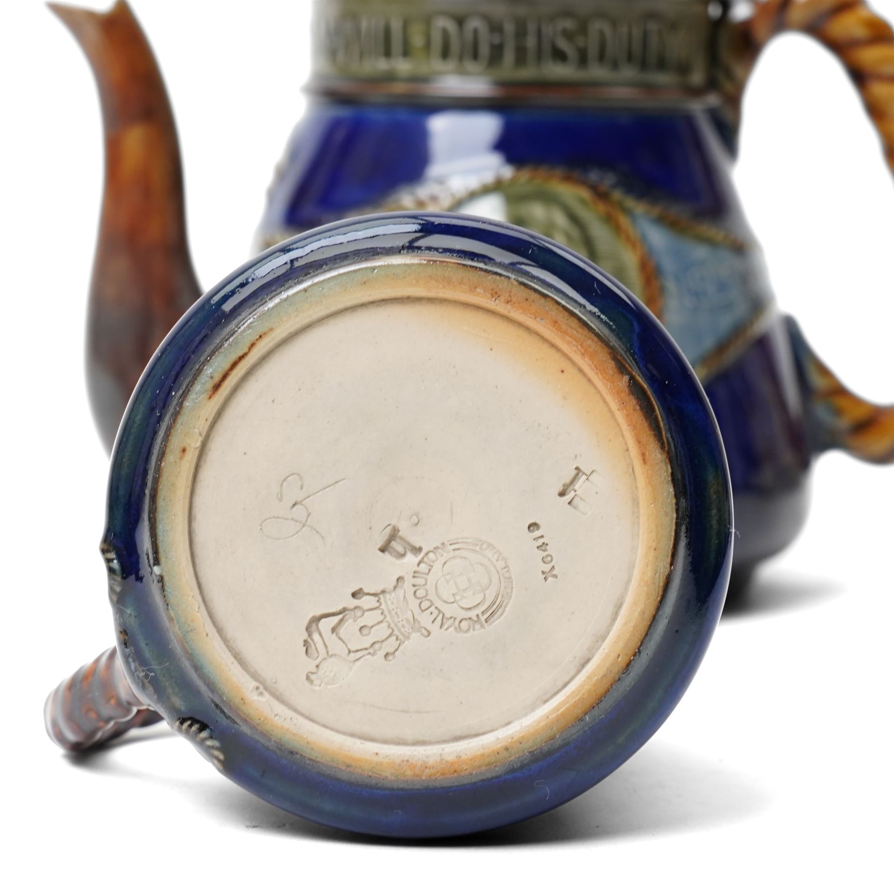 Royal Doulton stoneware Lord Nelson commemorative three piece tea set modelled in low relief with Victory and Nelson portrait with rope twist handles height of tea pot 13cm, Copeland late Spode coffee pot with relief moulded decoration and a similar jug