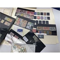 Great British and World stamps, including Queen Victoria and later loose stamps on pieces, various penny lilacs, bantams, King George V seahorses etc, in one box