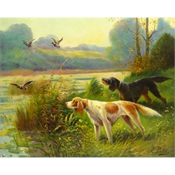  Eugene Petit (French 1839-1886): Gun Dogs Flushing Mallard off the Water, oil on canvas signed 53cm x 63cm  
