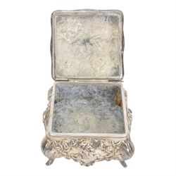 Derby Silver Co, Art Nouveau silver plate dressing table set, comprising mirror and two brushes, together with a silver silver plated box, the box marked B&W to the base, box H13cm