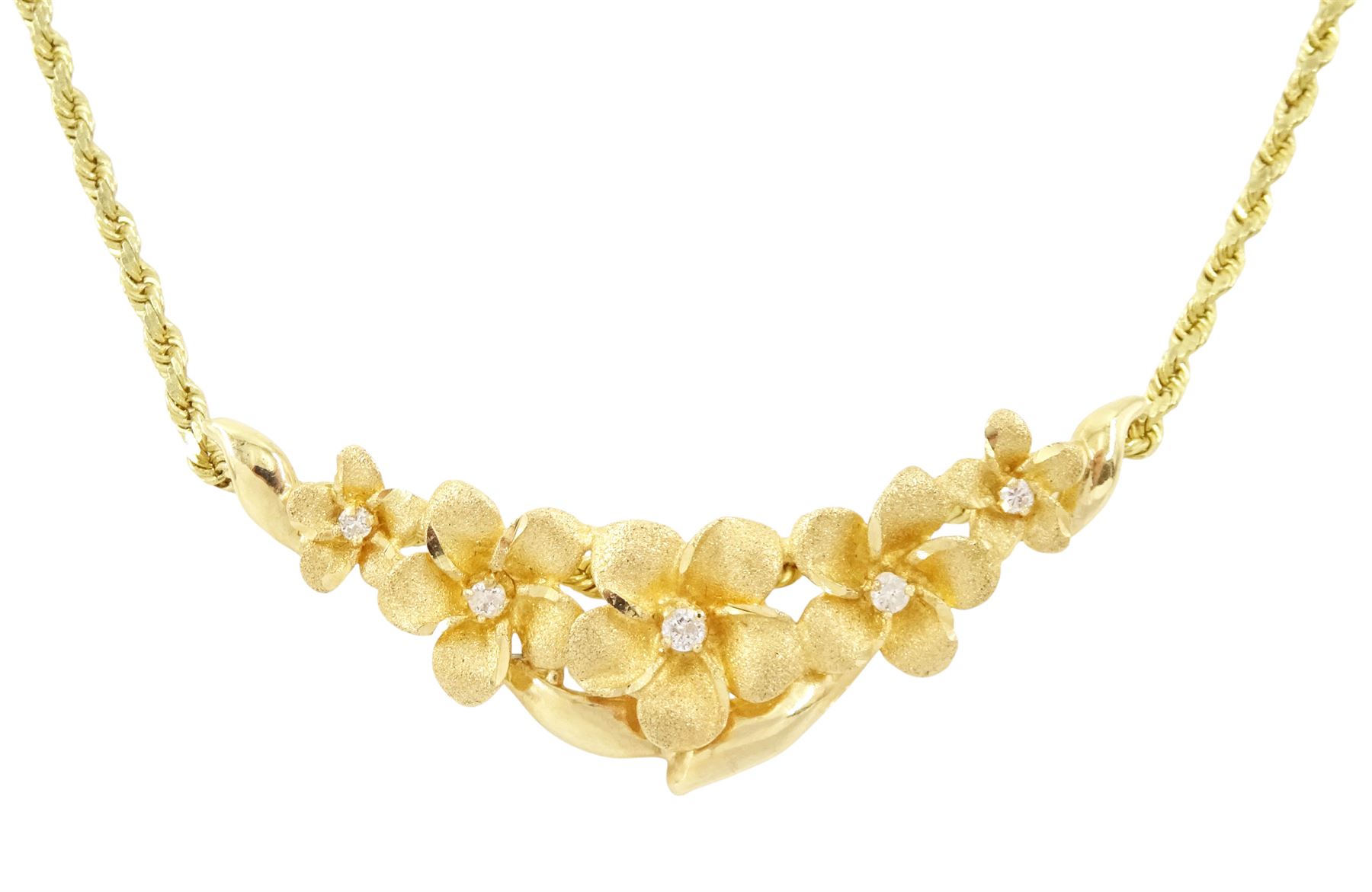 14ct gold diamond flower head necklace, five graduating flowers, each set with a single round brilliant cut diamond, on a rope twist chain necklace