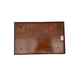 Oak coffin or joint stool, rectangular top with shaped edge over splayed turned supports with stretcher base 