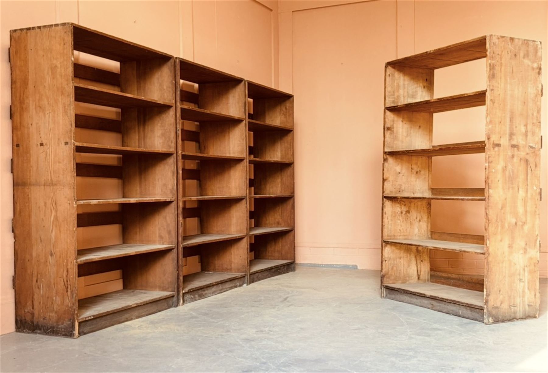 Set of four early 20th century stained pine open shelves. H148cm, W91cm, D39cm. - COLLECTION BY APPOINTMENT FROM: The White House, Thirsk Road, Easingwold, York, YO61 3NF - CALL 01723 507111 TO ARRANGE