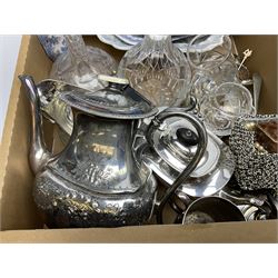 Spode Italian pattern bowl, together with quantity of silver-plated metalware and glassware, brass candlesticks etc in three boxes