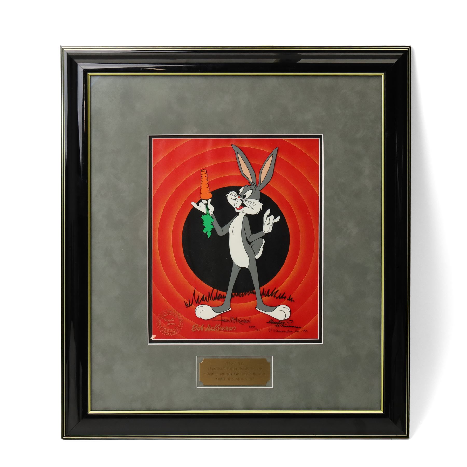 Disney hand-painted limited edition animation Cel 'Classic Bugs', signed by Tom, Bob and Charles McKimson, overall 57cm x 50cm 