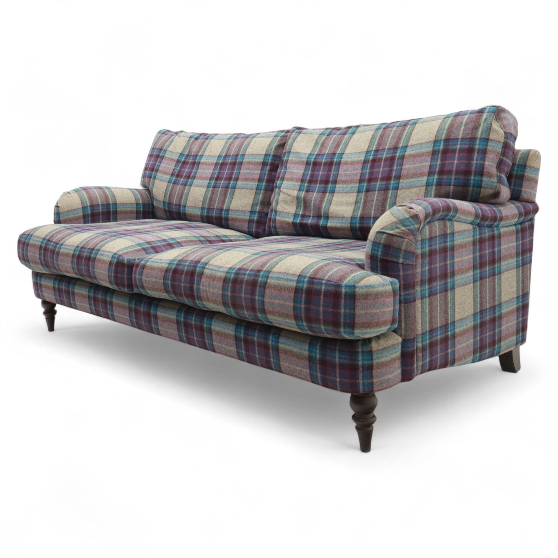 John Lewis - contemporary two seat sofa, upholstered in multicoloured check pattern fabric with removable seat and back cushions, gently scrolled arms and low square feet