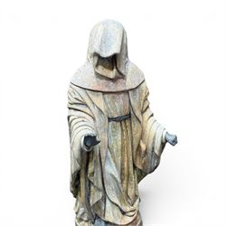 Farran stone garden statue depicting a hooded monk standing in flowing robes in circular form, set upon Gothic pedestal with arched panels, featuring lead hands and script band