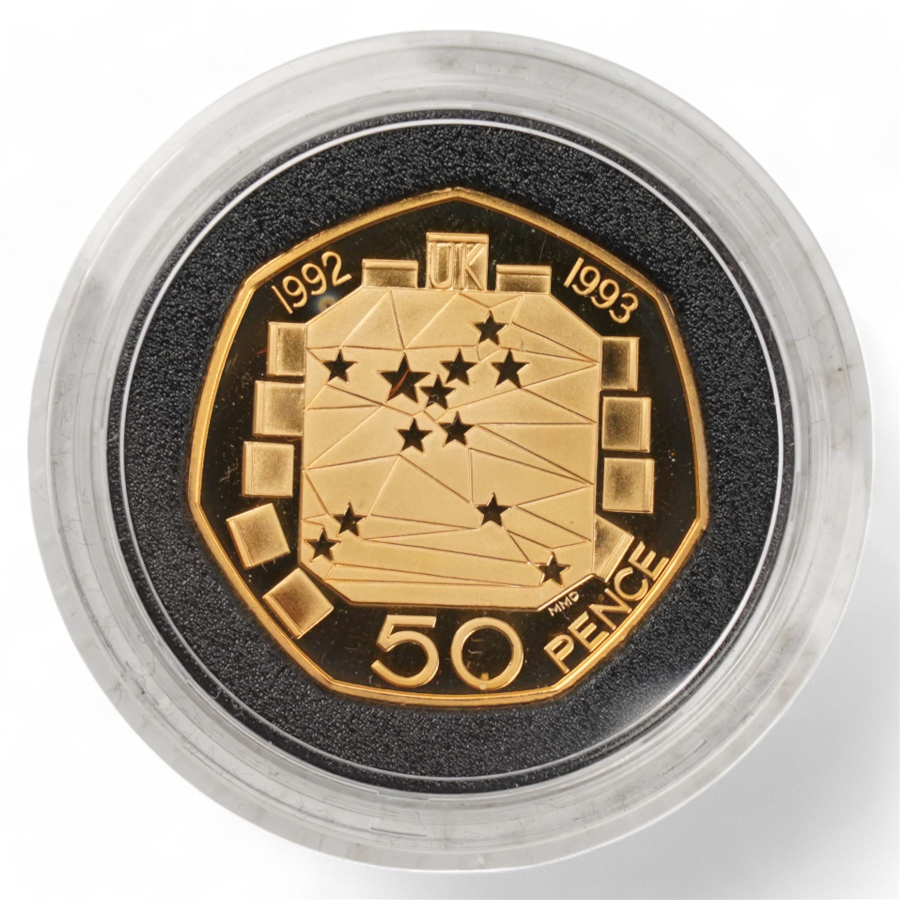 Queen Elizabeth II 1992 - 1993 gold proof dual dated fifty pence coin, cased with certificate