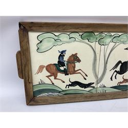 Packard and Ord tile tray hand painted with a hunting scene and a wooden frame, H17cm L48cm