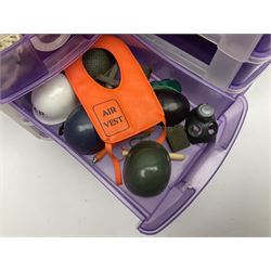 Action Man - five figures marked on the back 'Made in England by Palitoy under licence from Hasbro 1964', one dressed as a German Stormtrooper, one as a Red Devil Pilot and three in army uniform; another similar action figure marked to the right buttock ' G.I. Joe Copyright 1964 by Hasbro Patent Pending Made in Canada' dressed in army uniform; together with an Action Man jeep, field gun, mortar and machine guns and other accessories including helmets and weapons, parachute, diving equipment, skis and snow shoes, boots, uniforms etc; all unboxed