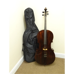  Early 20th century French Mirecourt cello with 76cm two-piece maple back and ribs and spruce top, bears label Michel-Ange Garini L123cm overall in modern soft carrying case  
