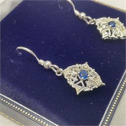 Pair of silver blue spinel and cubic zirconia pendant earrings, stamped 925, boxed 