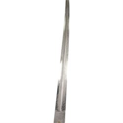 British 1822 pattern, named, infantry officers' sword, the 82cm slightly curved and fullered single edged blade engraved on both sides, bears the Victorian coat of arms and the owners initials 'GB', ricasso marked Grindlay & Co London, the brass basket guard with Victoria cartouche and fold down rear flap, shagreen bound grip with original wire binding and gilt sword knit, with brass scabbard, twin suspension rings and steel chape mount, overall L102cm  