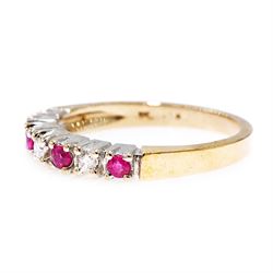 9ct gold ruby and diamond seven stone half eternity ring, alternate set with round brilliant cut diamonds and rubies, hallmarked, total diamond weight 0.15 carat