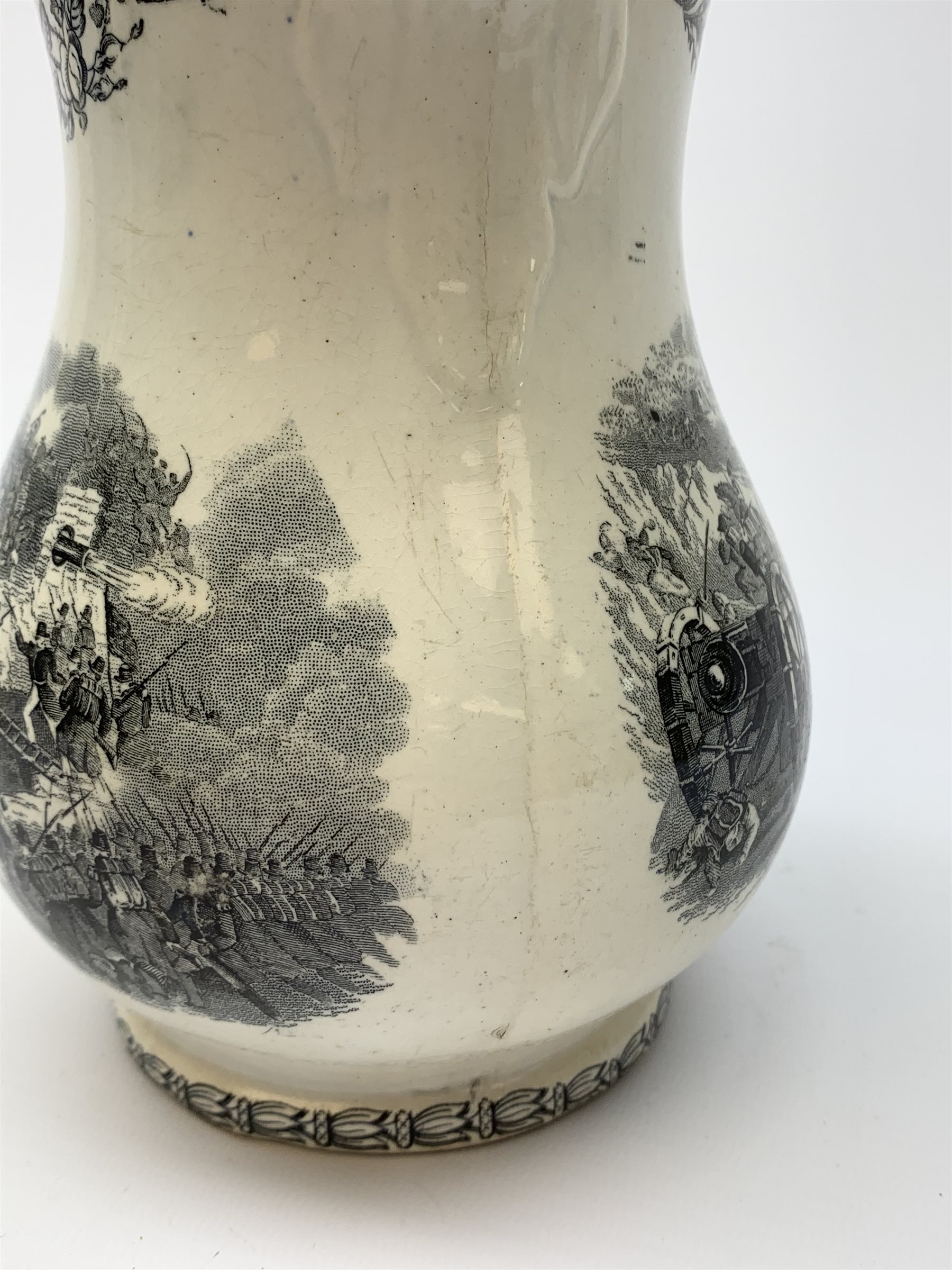 A 19th century Staffordshire pottery pearlware Crimea commemorative jug, black transfer printed with battle scenes, entitled Battle of Alma, Charge of the Highlanders, and Storming the Malakhofi, H18cm. 