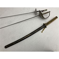 Reproduction Japanese katana with 63cm slightly curving fullered steel blade, ornate tsuba, cord bound grip and gilt transferred black saya L92cm; and two fencing foils, one marked Leon Paul (3)
