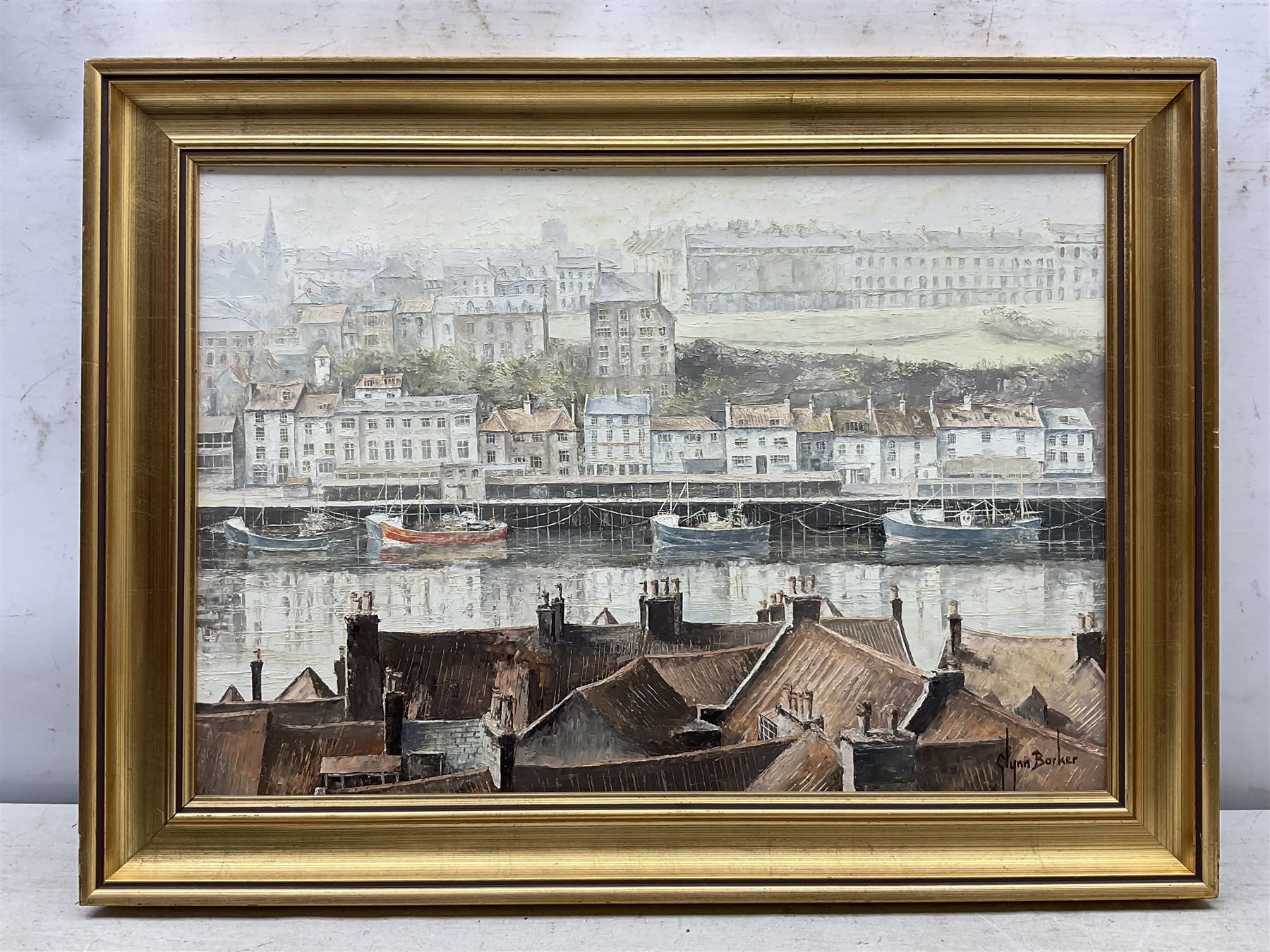 Glynn Barker (Beverley 20th Century): 'Whitby Harbour' 'South Cave Market Place' and a View of Helmsley from the River Rye , three oils on board signed max 50cm x 75cm (3)