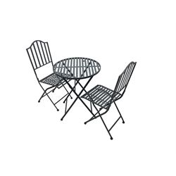 Washed grey finish metal circular garden table, strap top with X support (W60cm H74cm); and pair matching folding chairs, with slat back and strap seat (W37cm H96cm)