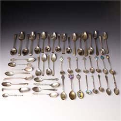 Collection of assorted silver teaspoons, souvenir spoons with enamel decoration etc