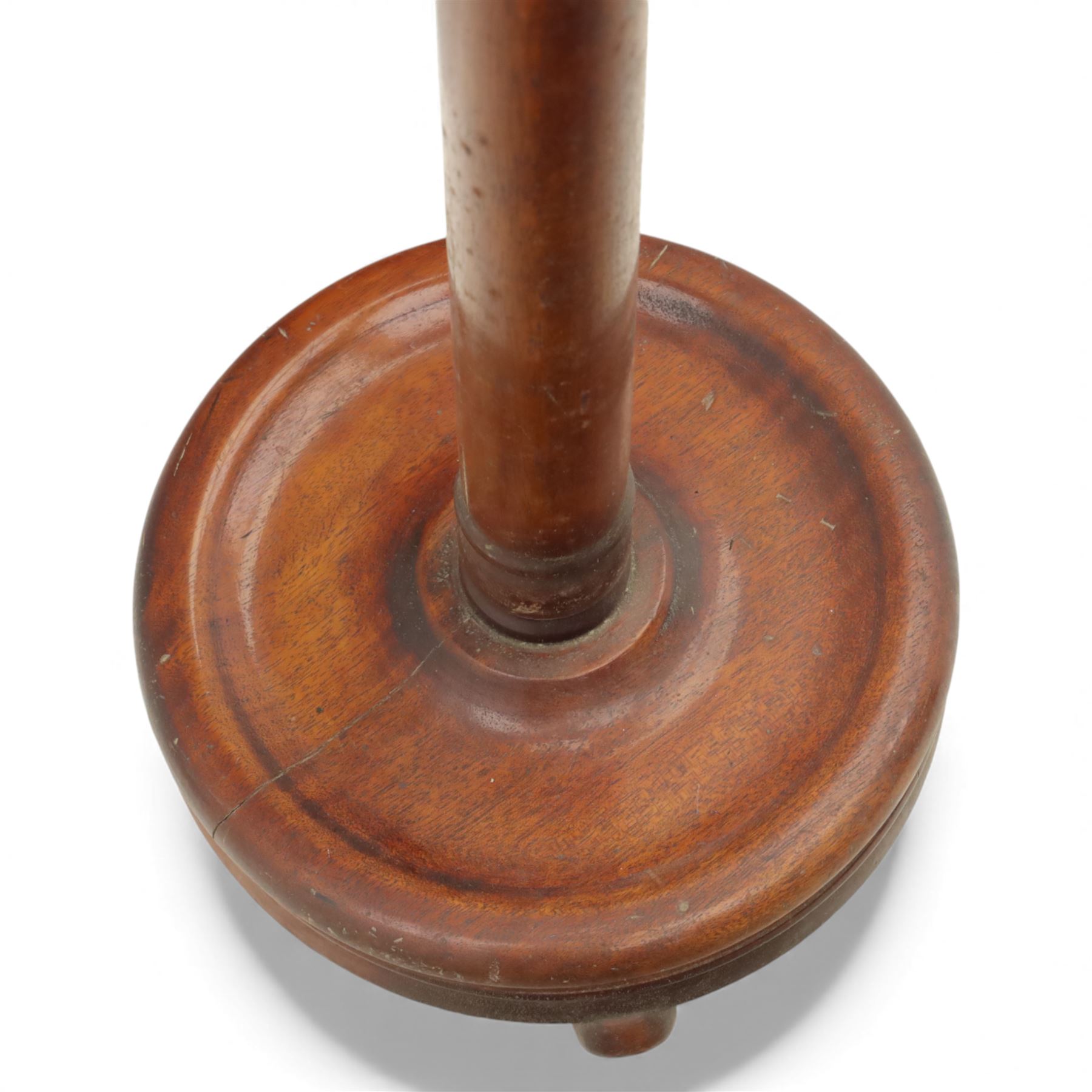 Early 20th century mahogany standard lamp, the turned column raised on a circular stepped base with compressed bun feet, fitted with a shaped Downton Abbey silk shade decorated with foliate trail motifs, beaded edging and fringe trim