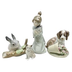 Four Lladro figures, comprising It Wasn't Me no 7672, Sleeping Kitten no 5712, Mini Cat no 5308 and Rabbit Eating no 4773, all with original boxes, largest example H17cm 
