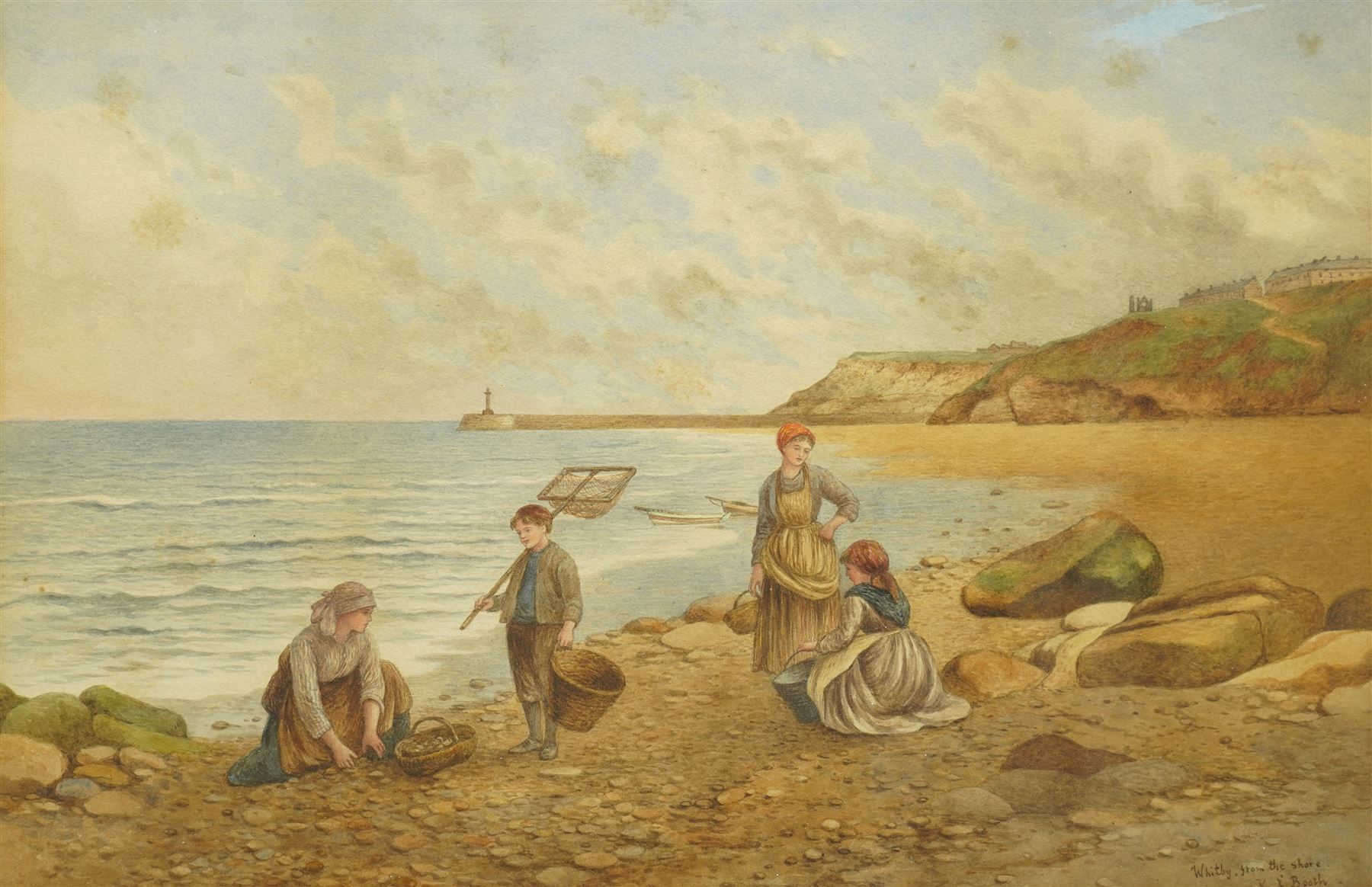 Kate E Booth (British fl.1850-1898): Figures on Whitby Beach Looking to Whitby Abbey and Lighthouse, watercolour signed and inscribed 34cm x 52cm