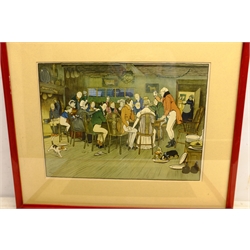  The Bluemarket Races: 'The Arrival on the Course', 'Start' and 'Homewards', three chromolithographs after Cecil Aldin (British 1870-1935) pub. Lawrence & Bullen 1902, 'Preparing Supper and Raising a Toast', two colour prints after the same hand and a Danish Bacon advertising print after Lawson Wood max 38cm x 61cm (6)  