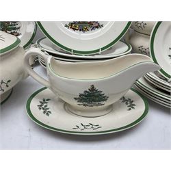Collection of Spode Christmas Tree pattern part dinner service, comprising three covered tureens, eight dinner plates, eight side plates, eight dessert plates, sauce boat and saucer and serving platter (30)