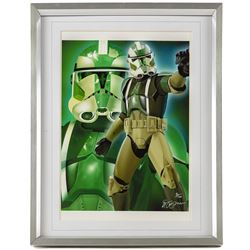 Five framed Cards Inc Star Wars Revenge of the Sith prints, comprising Mace Windu, Yoda, C-3PO, Darth Vader and R2-D2, the R2-D2 example signed by actor Kenny Baker, together with a collection of six smaller limited edition Star Wars art prints, largest H39cm (11)