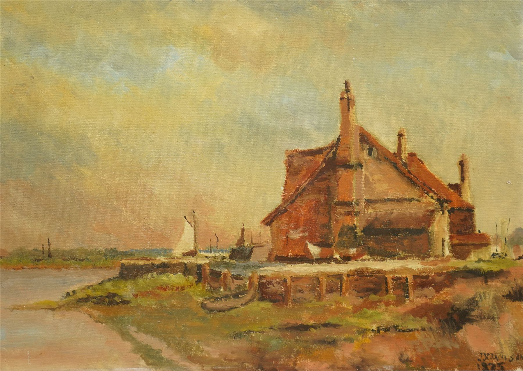 J K Wilson (British Early 20th century): The Boathouse, oil on board signed and dated 1925, 24cm x 34cm
