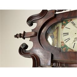 19th century figured mahogany longcase clock, painted dial, 30-hour movement striking the hours on bell