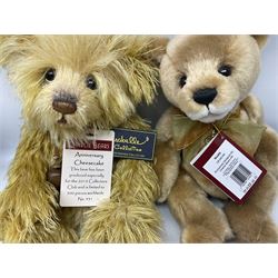 Seven Charlie Bears, comprising limited edition Anniversary Cheesecake SJ5471, designed by Isabelle lee, 431/500, Nuala CB185169, Liddy CB161648A, Philomena CB151592, and AJ CB171784B, each designed by Isabelle Lee, plus Shenanigans CB205243O, and another example lacking tag 
