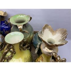Continental hand painted vase, together with eight large Victorian vases, including some St Louis Artware examples and a pair painted with swans, tallest H50cm