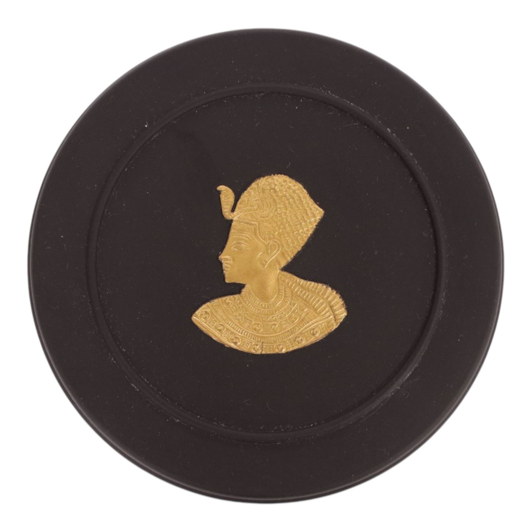 Wedgwood black basalt Egyptian collection, circa 1978 trinket box with Tutankhamun to the lid, with impressed marks beneath, H4cm, D11cm  