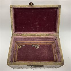 20th century box, decorated in faux leather with the royal coat of arms and GR 1719 to hinged cover, with fleur-de-lis, lion, crown and rose motifs throughout and studs to all edges, opening to reveal a purple velvet interior containing three removable wooden trays, H18.5cm