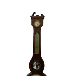 A mid Victorian mercury wheel barometer retailed by Thomas Grey of Newton Stewart, in a mahogany case with inlay to the edge, swans neck pediment and rounded base, with an 8” silvered register recording barometric air pressure from 28 to 31 inches with weather predictions, brass recording hand and steel indicating hand within a convex glass and cast brass bezel, silvered “butlers” mirror with reeded wooden surround and a round topped thermometer box with a mercury thermometer measuring degrees Fahrenheit, level bubble with silvered nameplate. H96cm
.

