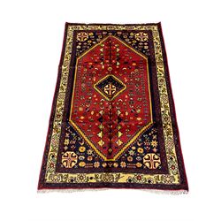 Small Persian Abadeh rug, blue ground with red lozenge field decorated with small bird and plant motifs, triple band border with floral design