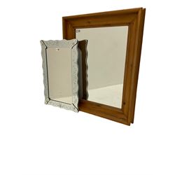 Frameless wall mirror decorated with floral motifs (41cm x 61cm), and a polished pine framed mirror (63cm x 78cm)