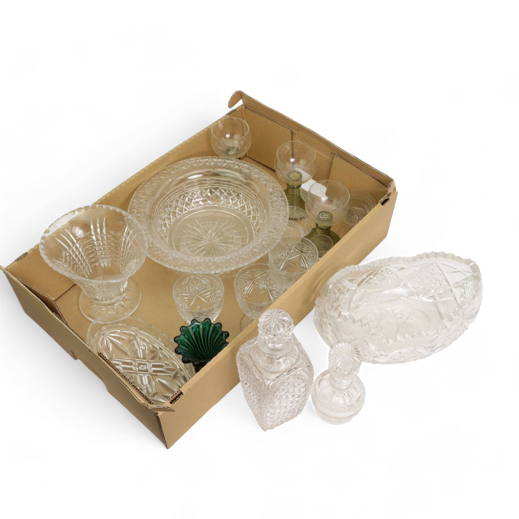 Quantity of table glass including Stuart liqueur decanter, Edinburgh bowl, three Roemer style wine glasses, etched glasses, heavy cut glass bowls etc, together with a Victorian silver-plated presentation goblet for Glasgow Academical Club, Athletic Sports, 1871, in two boxes