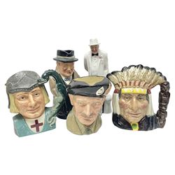 Royal Doulton Sir Winston Churchill figure HN3057, together with Winston Churchill toby jug, and three character jugs 