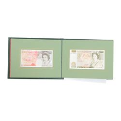 Seven Bank of England limited edition presentation pack pairs of banknotes, all with matching serial number 999966, comprising Gill five pound series D and E prefixes SE90 and A01, Kentfield five pound series E prefixes W18 and AA01, Kentfield ten pound series D and E prefixes KR30 and A01, Kentfield ten pound series E prefixes X40 and DD01, Gill twenty pound series D and E prefixes 20X and A01, Kentfield series E prefixes W35 and X01, and Kentfield series D and E prefixes E30 and A01, housed in leatherette binders manufactured by the Bank of England, 