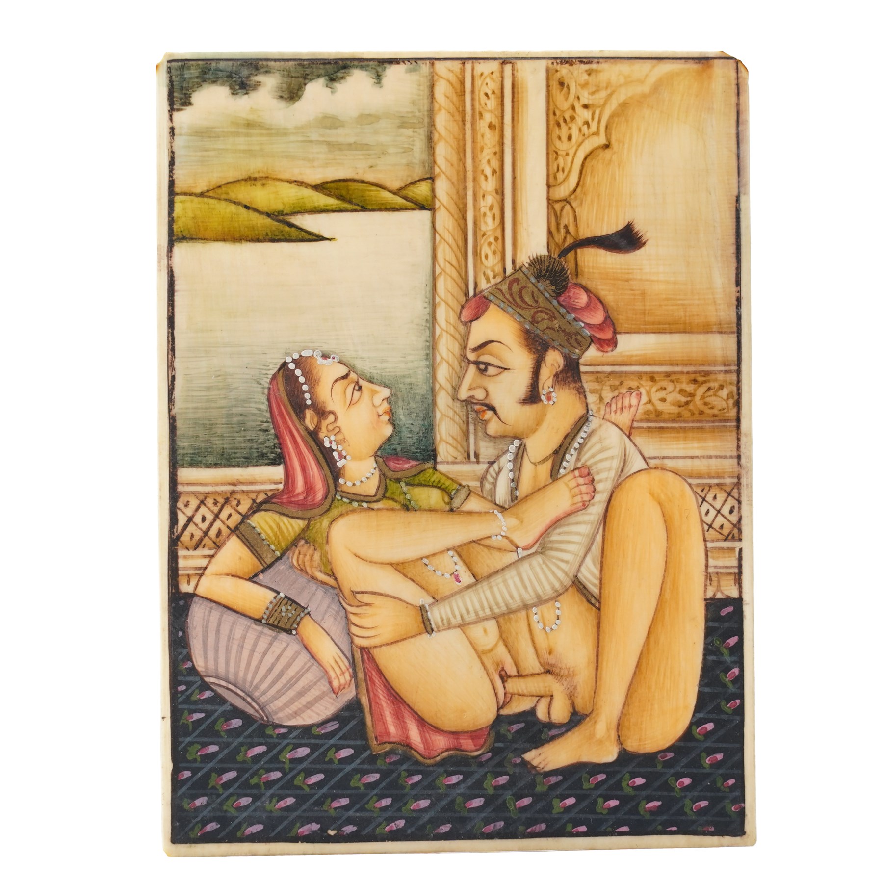 Chinese School (19th/20th Century): Yu Qiao Wenda or 'Dialogue between the Fisherman and the Woodcutter', watercolour on rice paper, titled and signed with artists seal, 8cm x 7.5cm; Indian School (19th Century): Erotic Kama Sutra Scene, miniature watercolour on ivory 8cm x 6cm 

This item has been registered for sale under Section 10 of the APHA Ivory Act