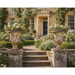 Andrew Handyside - pair of 19th century best quality cast iron garden urns, individually detailed in relief Allegorical Figures and Helaldic Swans, campagna form with twin handles, detail under rim, raised on circular fluted base
