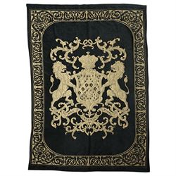 Large heraldic velvet brocade wall hanging, with a central coat of arms over Latin motto '...