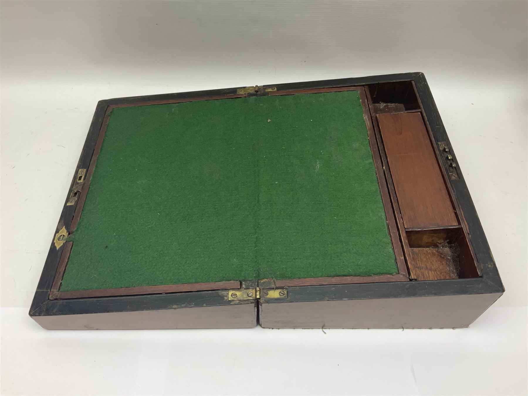 Victorian walnut and parquetry banded work box with brass shield and escutcheon, L30cm, together with mahogany writing slope with green baize writing surface, L35cm