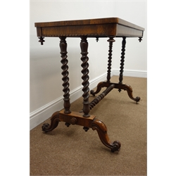  Regency rosewood rectangular centre table, barley twist supports joined by single stretcher, scroll carved feet on castors, W91cm, H73cm, D50cm  