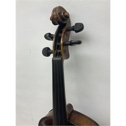 German trade violin in the Steiner style c1900 with 35.5cm two-piece maple back and ribs and spruce top L59cm overall; in fitted carrying case with two bows; and a Saxony violin with 35.5cm one-piece maple back and ribs and spruce top L58.5cm overall (2)